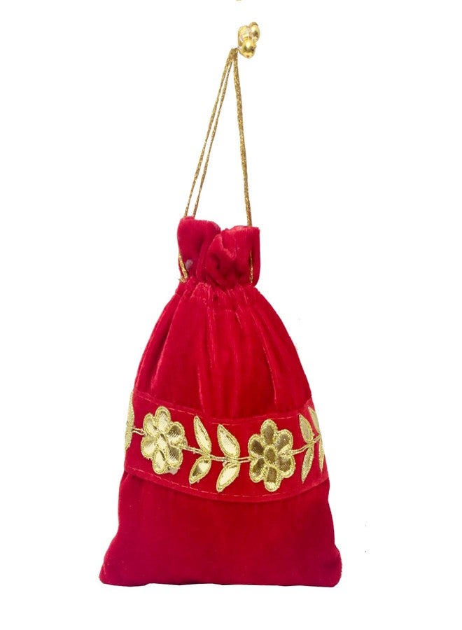 Dulhan Handcrafted Red Velvet Gota Patti Potli Bags | Traditional Embroidered Gift Bags for Wedding, Diwali, Mehndi Baby Shower | Zari Tassels and Moti Work | Reusable Decorative Pouches(Pack of 6) - Image 5
